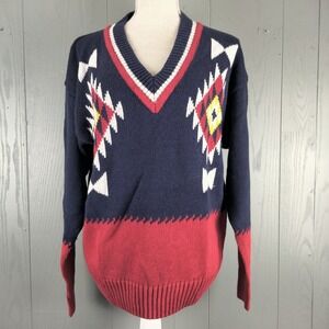 Vintage Oscar De La Renta Sweater Womens Medium Blue Red Southwestern 90s V Neck